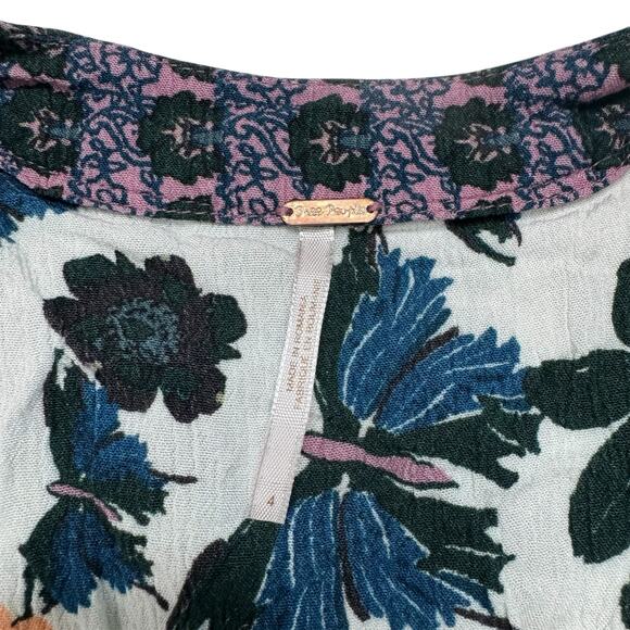 FREE PEOPLE Violet Hill Gauze Mini Dress Tunic in Blue Green White Floral Sz 4 - Picture 6 of 11